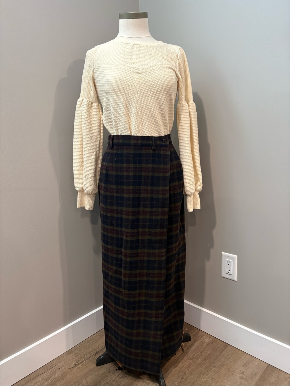 Vintage Jacob Long Plaid Wool Cashmere Maxi Skirt in Green, Navy & Brown